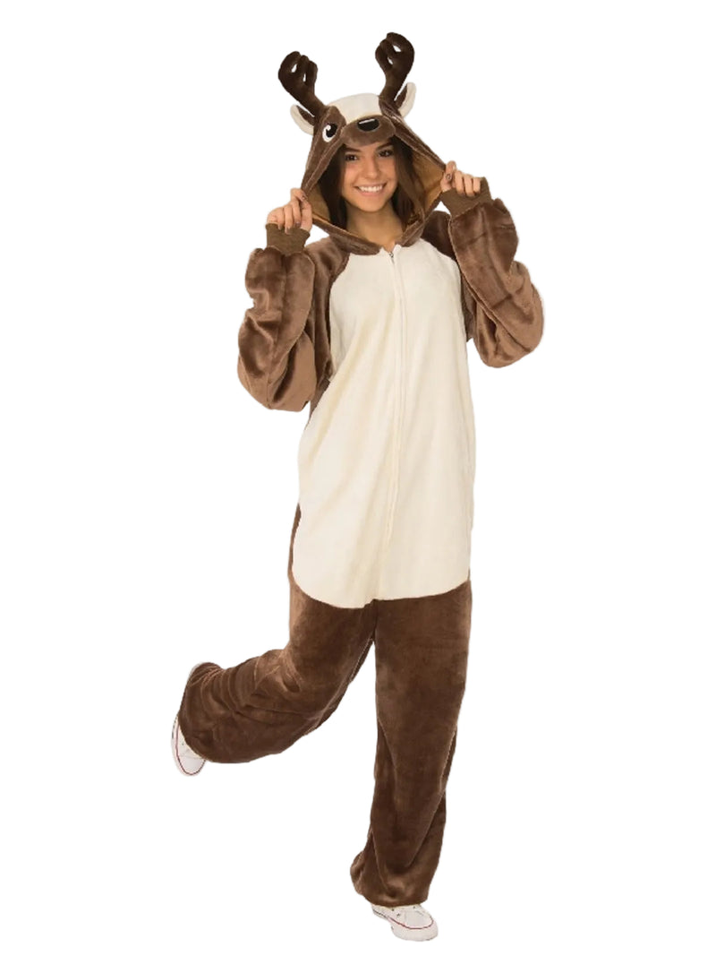 Adult Christmas reindeer onesie with 3D antlers and fluffy tail
