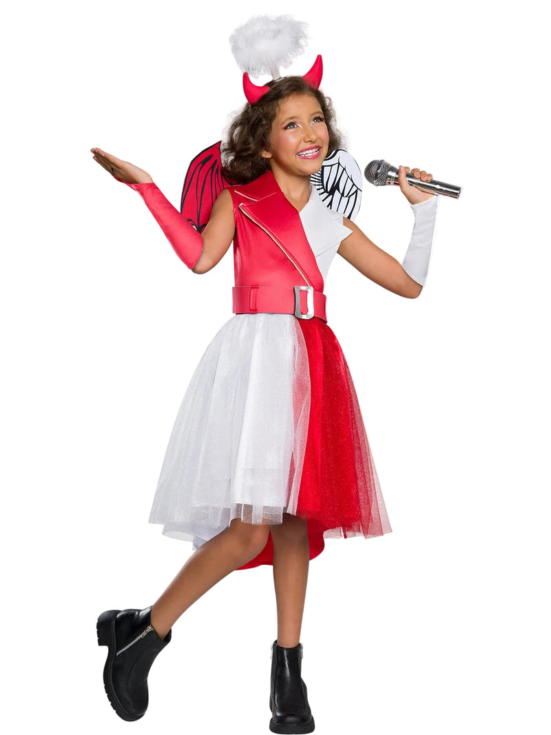 Kids Diabla devil angel costume - red and white split dress with dual wings and headband