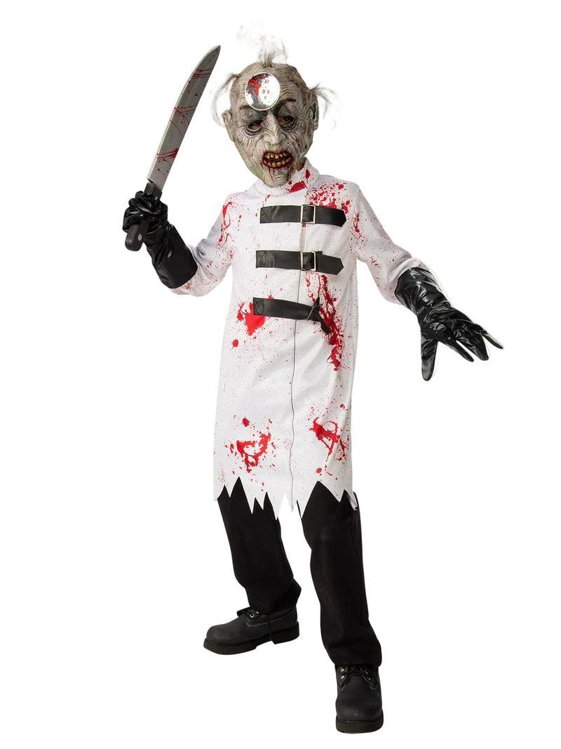 Kids horror surgeon costume with blood-splatter tunic and latex mask