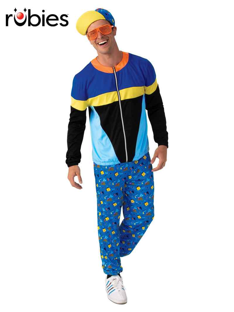 Adult 90s Hip-Hop Rapper Costume with color-block windbreaker jacket, geometric-print pants, and matching snapback cap