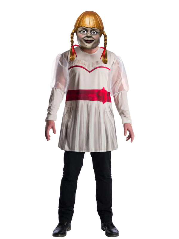 Mens Annabelle costume with white dress tunic and blonde pigtail mask