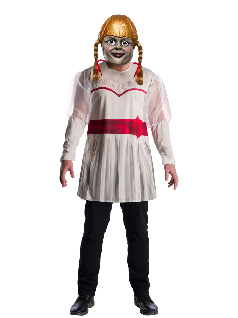 Mens Annabelle costume with white dress tunic and blonde pigtail mask
