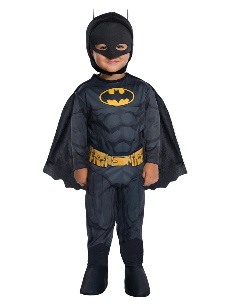 Kids Batman costume with muscle-chest jumpsuit, scalloped cape and 3D bat-ear mask