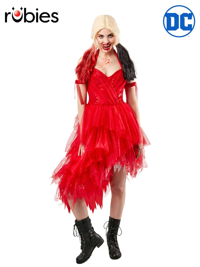 Womens Harley Quinn red sequin halter dress costume with tattered tulle skirt and arm bands