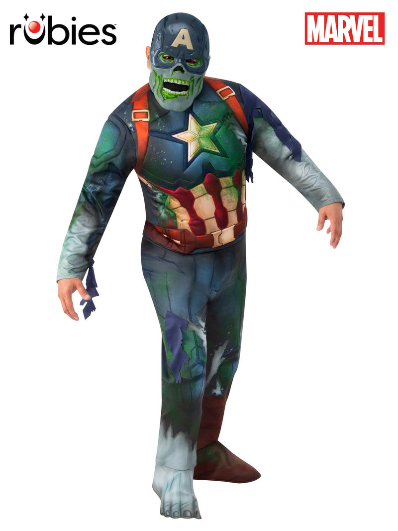 Adult Zombie Captain America costume full body shot showing distressed suit with green slime effects and muscle padding