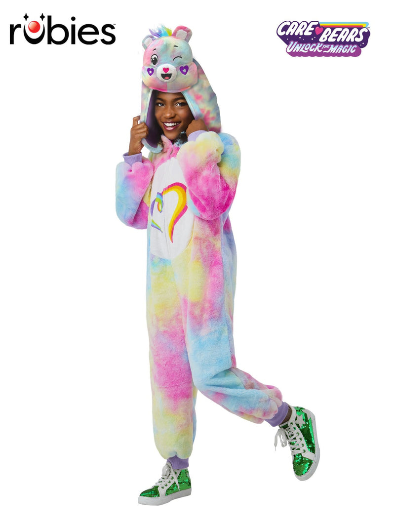 Kids Care Bears Togetherness Bear costume with rainbow tie-dye jumpsuit and heart belly badge
