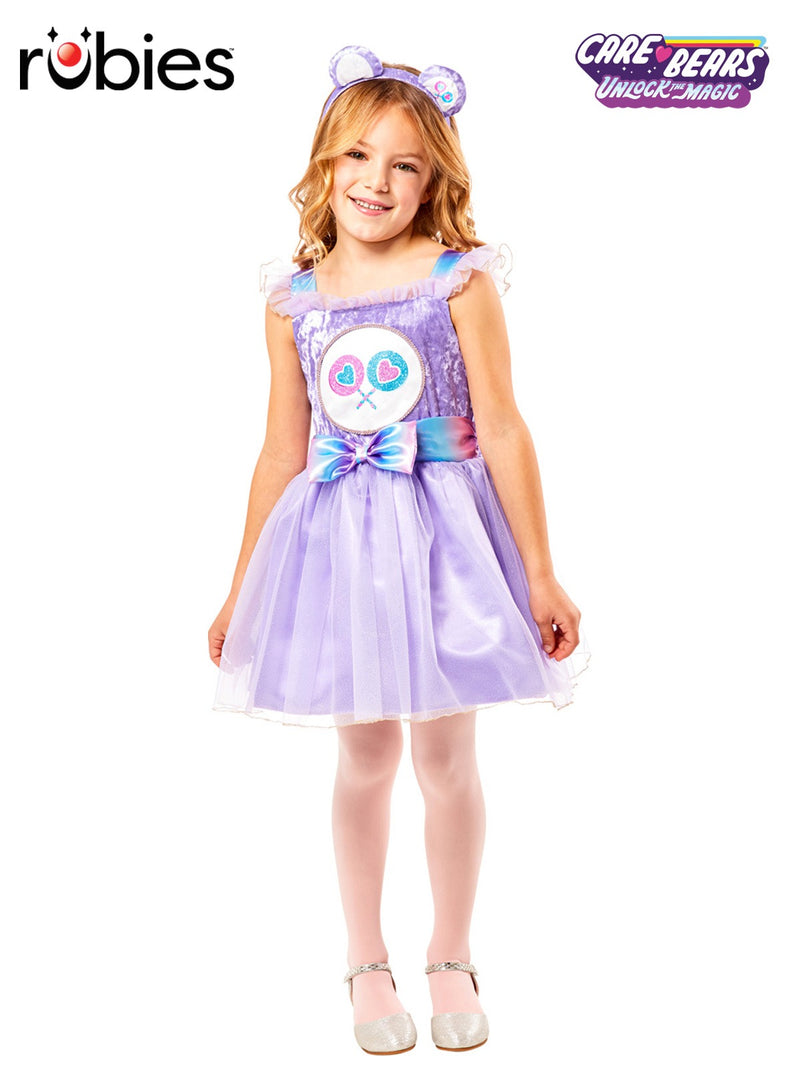Kids Share Bear Care Bears purple tutu dress costume with rainbow ombre sash and lollipop belly badge