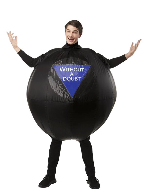 Adult Magic 8-Ball inflatable costume front view showing blue triangle with WITHOUT A DOUBT text