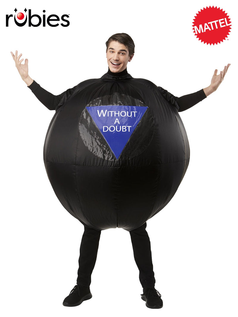 Adult Magic 8-Ball inflatable costume front view showing blue triangle with WITHOUT A DOUBT text