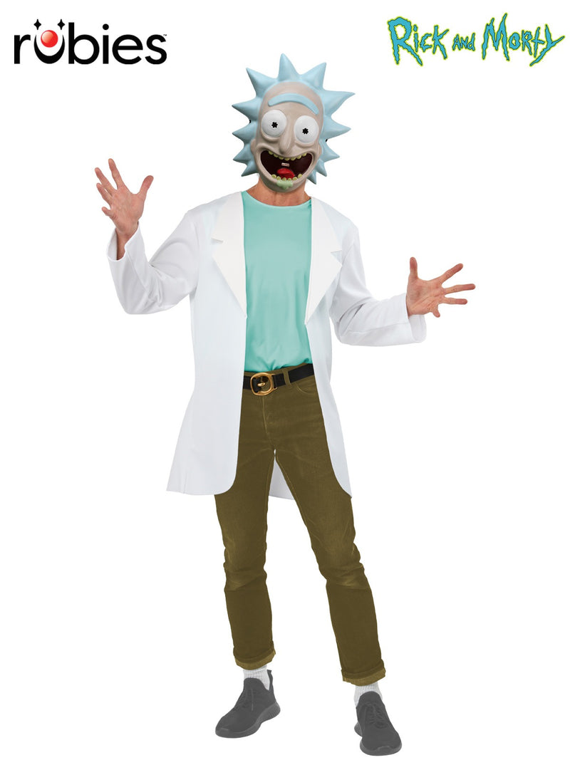 Adult Rick Sanchez costume with teal printed top, white lab coat and character mask