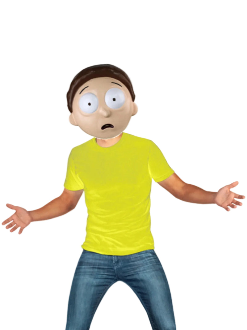 Adult Morty Smith costume set with yellow t-shirt and vacuform half-mask featuring oversized cartoon eyes