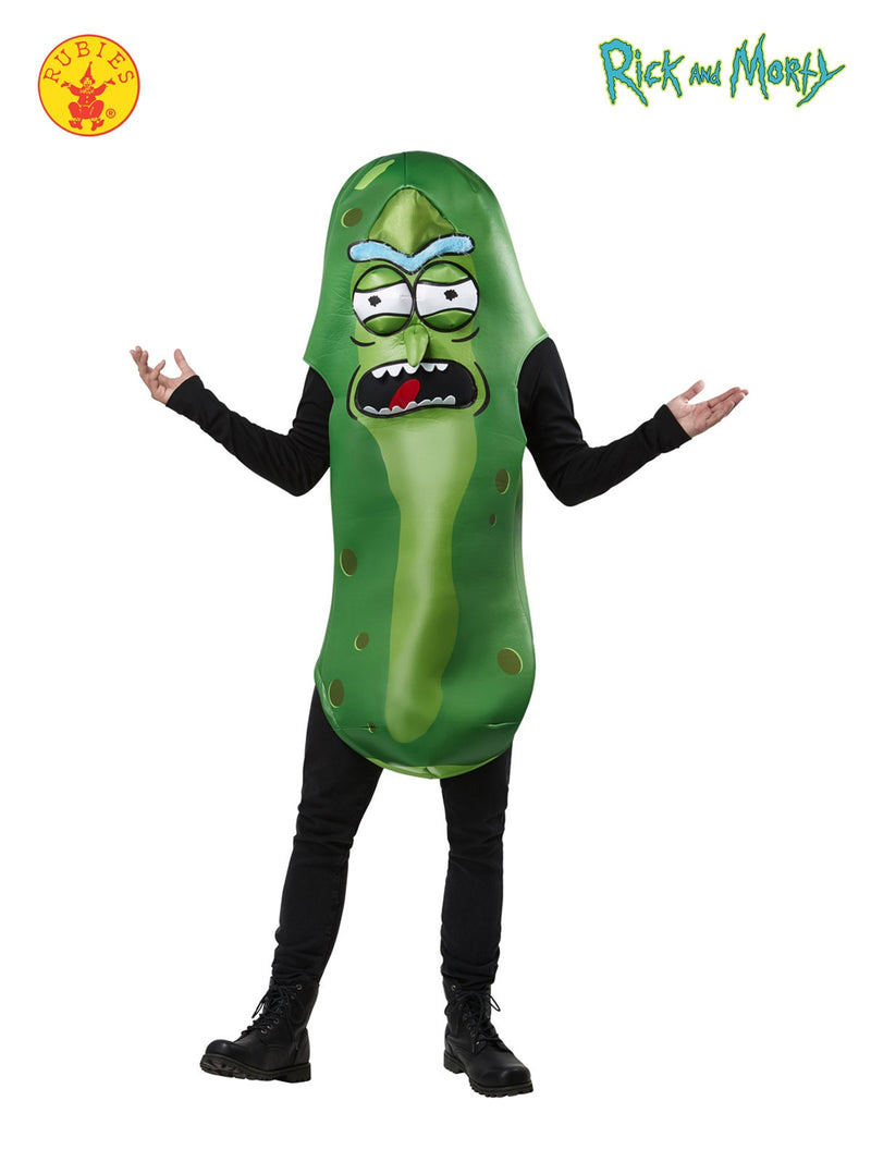 Adult Pickle Rick costume front view showing green tunic with printed face and textured pickle spots