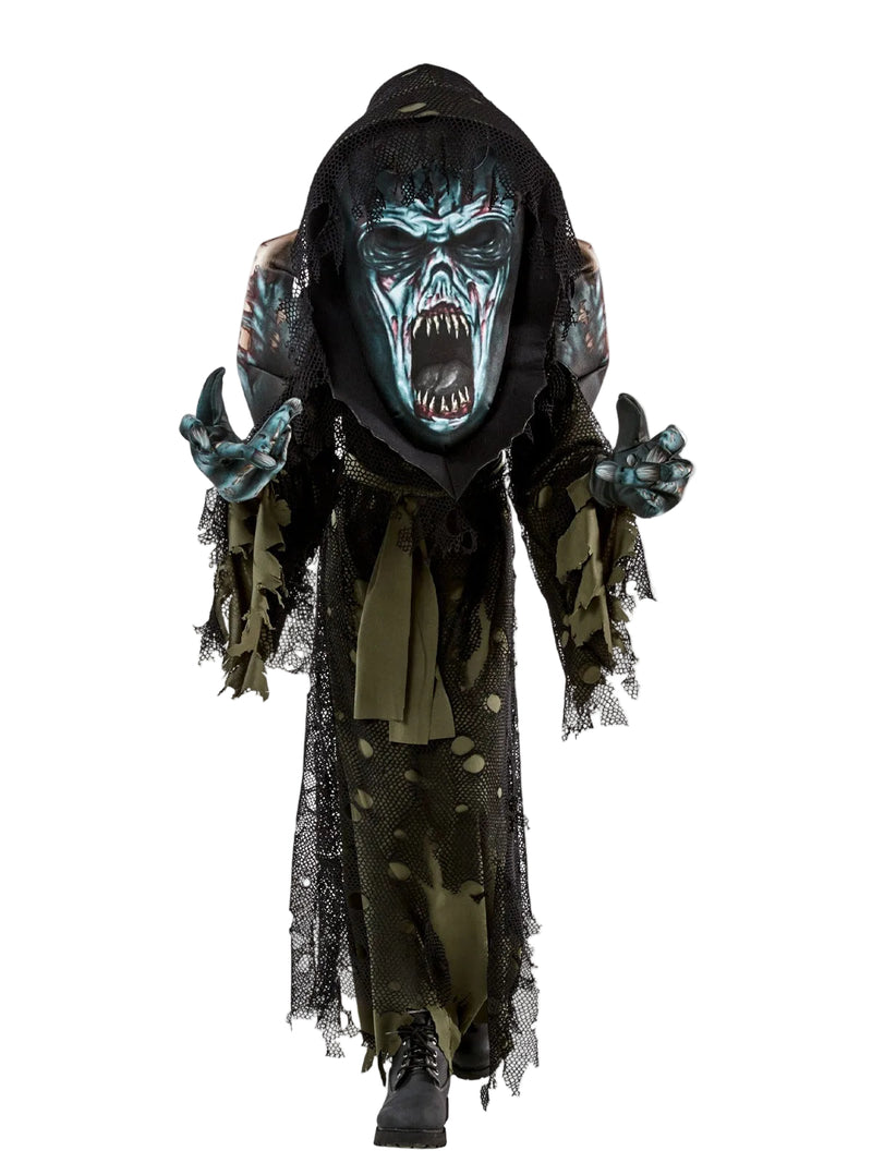 Kids zombie costume with oversized tattered robe and screaming mask