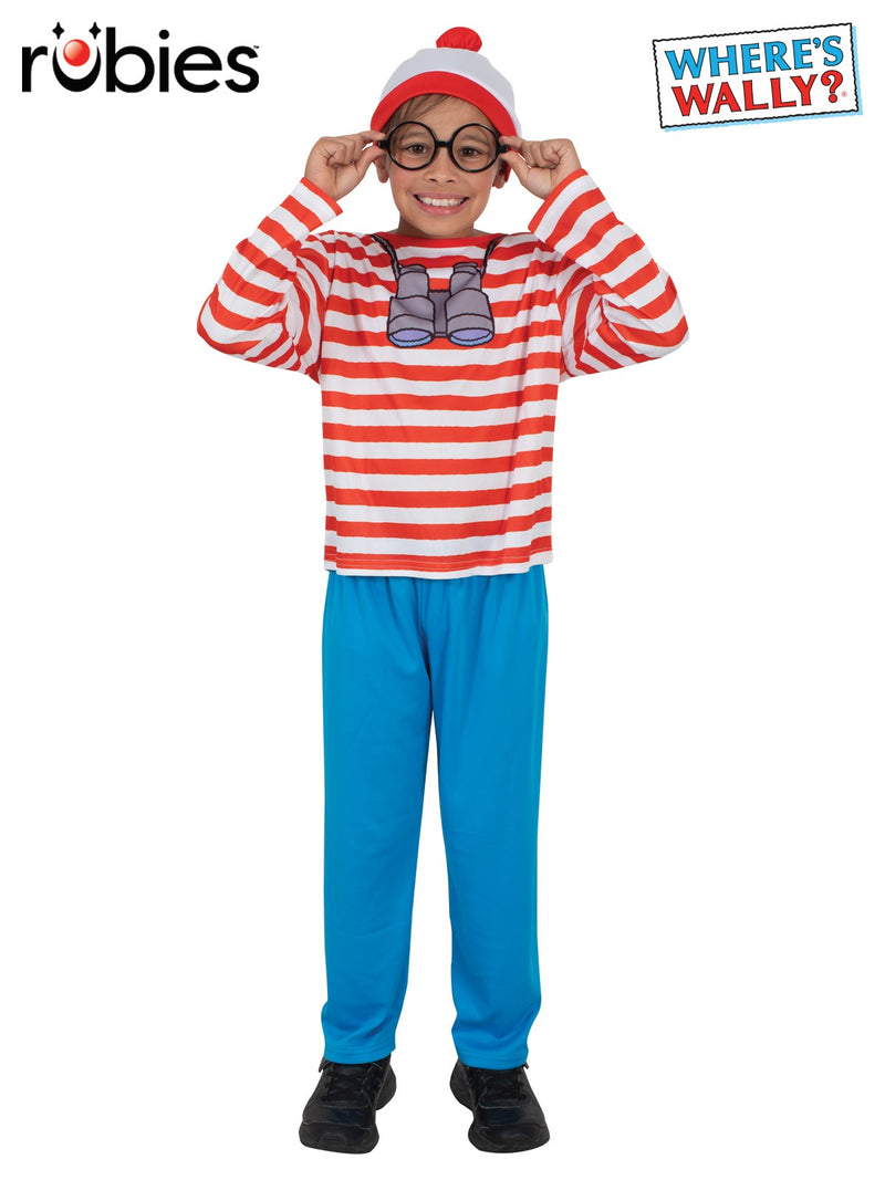 Kids Where's Wally costume with red and white striped top, blue pants, beanie and glasses on white background