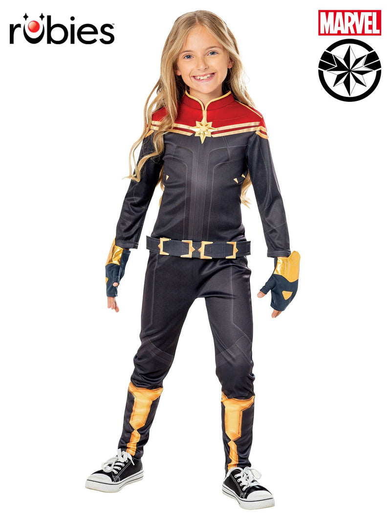 Kids Captain Marvel costume showing navy jumpsuit with red shoulders and gold star emblem