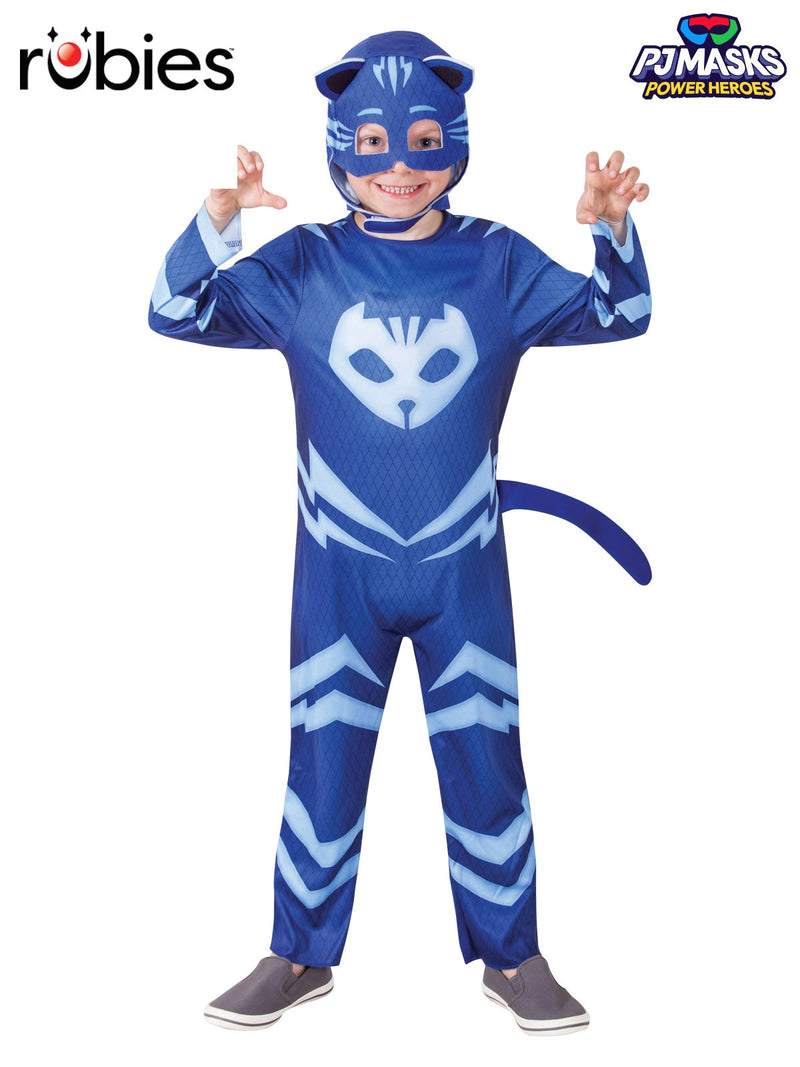 Child wearing blue Catboy PJ Masks costume with 3D cat ears headpiece and tail
