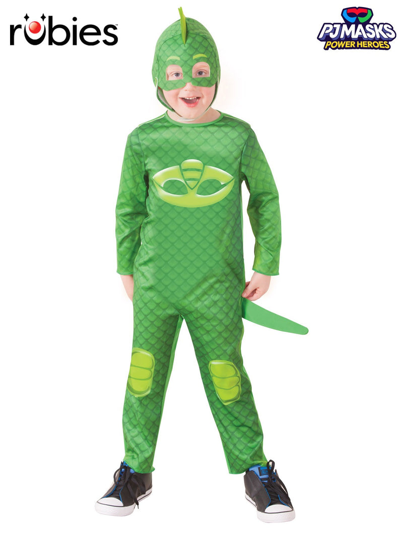 Kids Gekko costume from PJ Masks with green digitally printed scales and stuffed tail