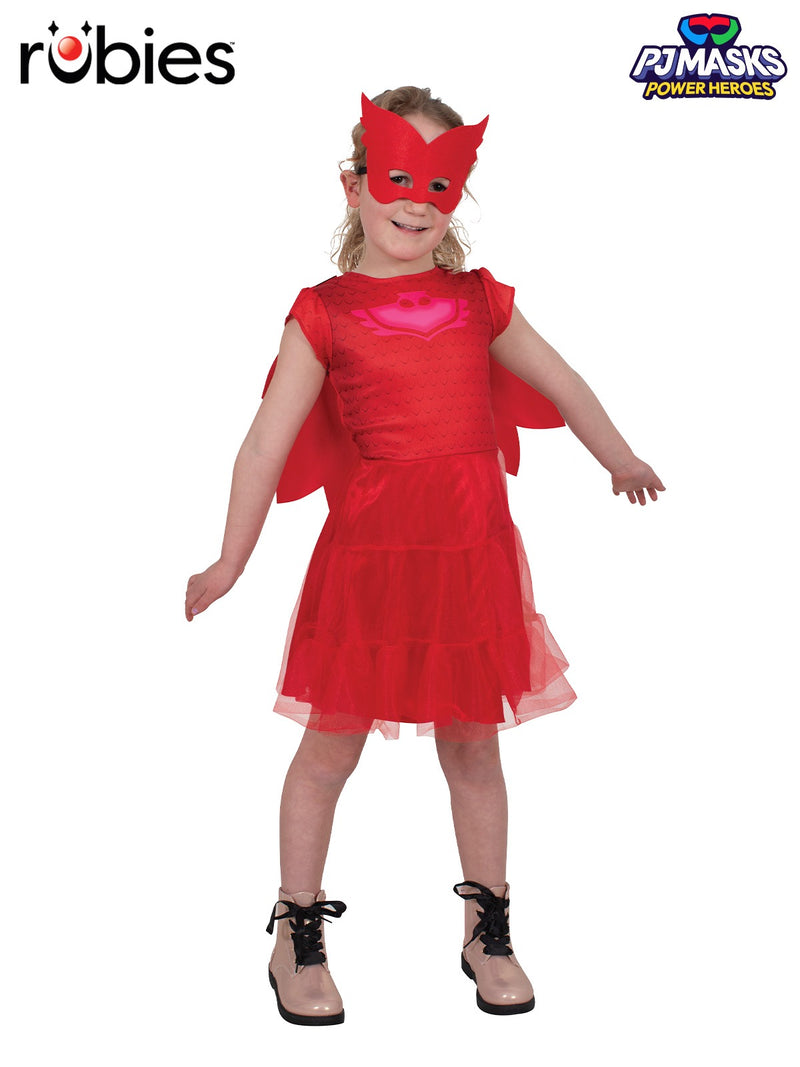 Kids PJ Masks Owlette costume dress with red tutu skirt, pink owl emblem, detachable cape and felt mask