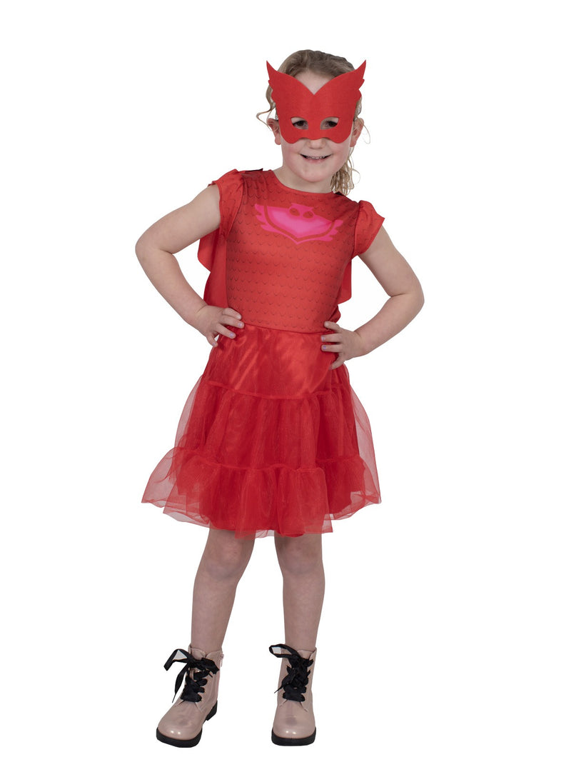PJ Masks Owlette costume back view with scalloped cape, velcro shoulder tabs and tutu construction