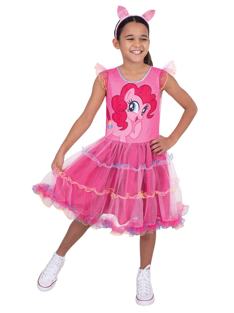 Girls My Little Pony Pinkie Pie tutu dress front view showing layered pink tulle skirt with blue and yellow ribbon trim