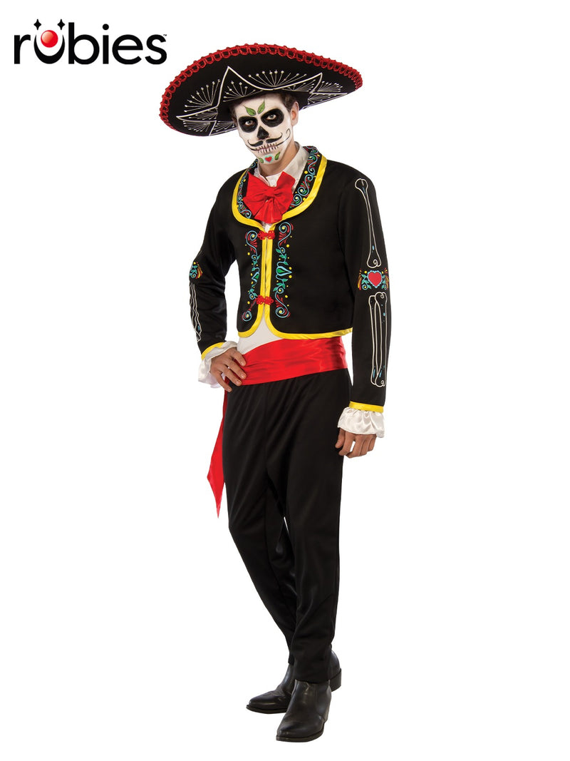 Mens Day of the Dead costume with skeleton print jacket, red bow tie, sombrero and black pants