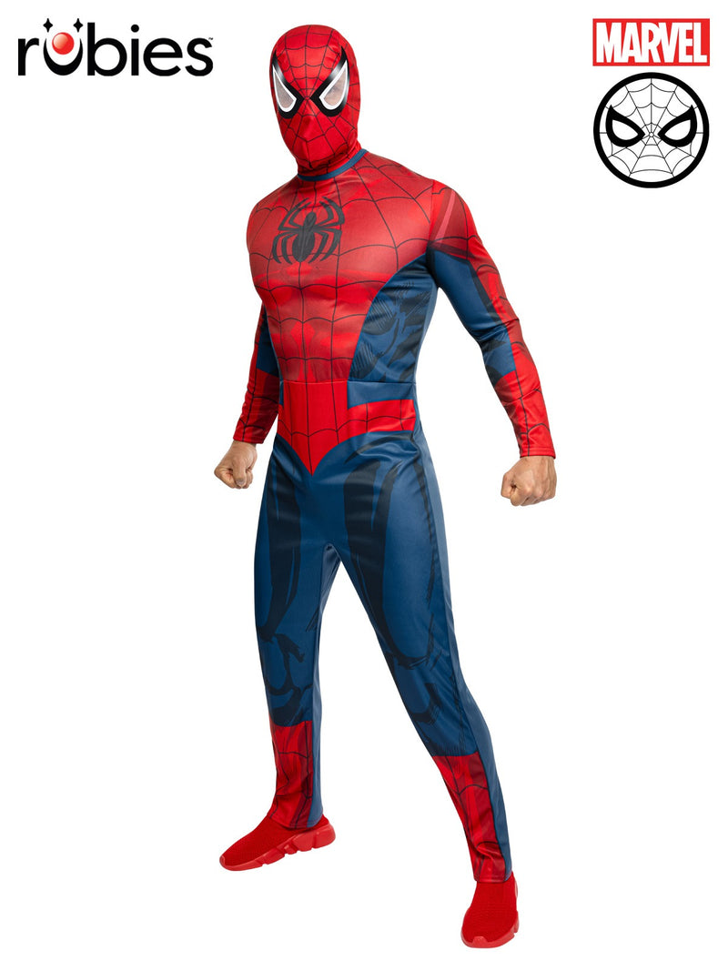 Adult Spider-Man costume full body jumpsuit with red and navy blue web print