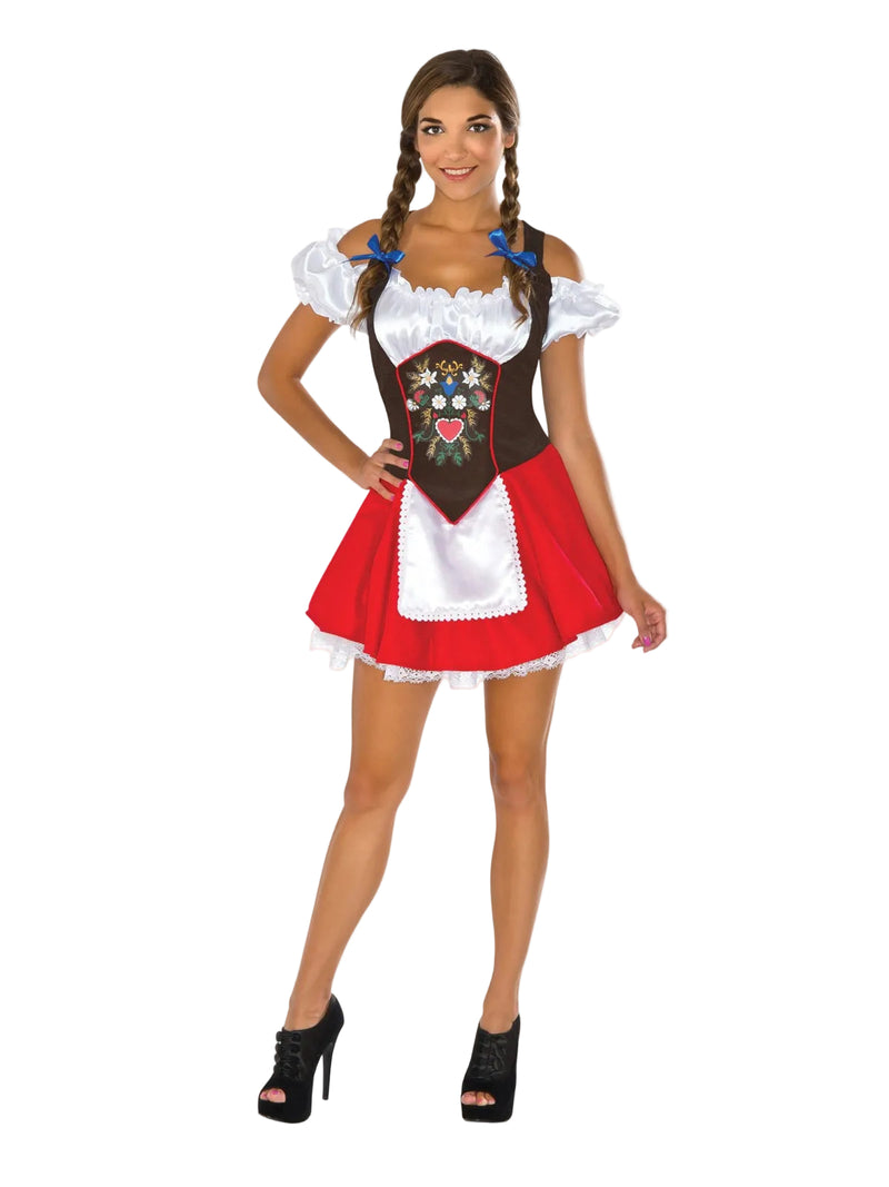 Womens Bavarian dirndl costume with traditional folk embroidery bodice and red skirt