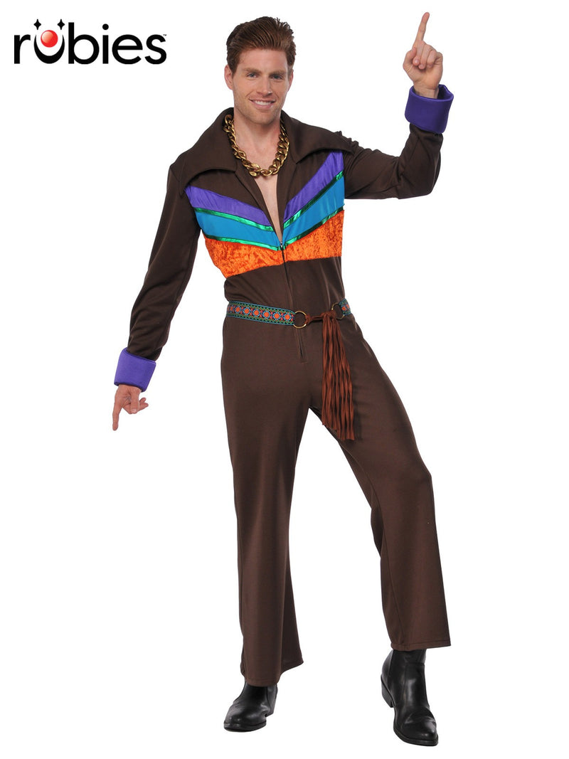Mens 70s Hippie Disco Jumpsuit with chevron color-blocking and wide lapels