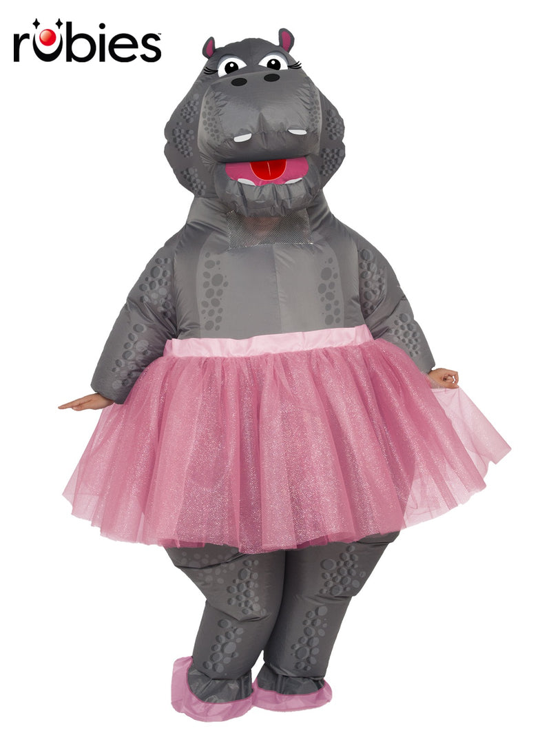 Adult inflatable hippo ballerina costume with pink tutu and plush shoe covers
