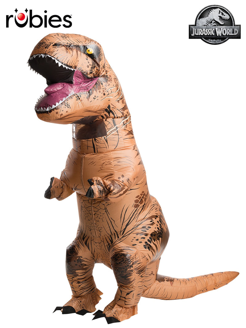 Adult wearing tan Jurassic World T-Rex inflatable costume with large dinosaur head and small arms