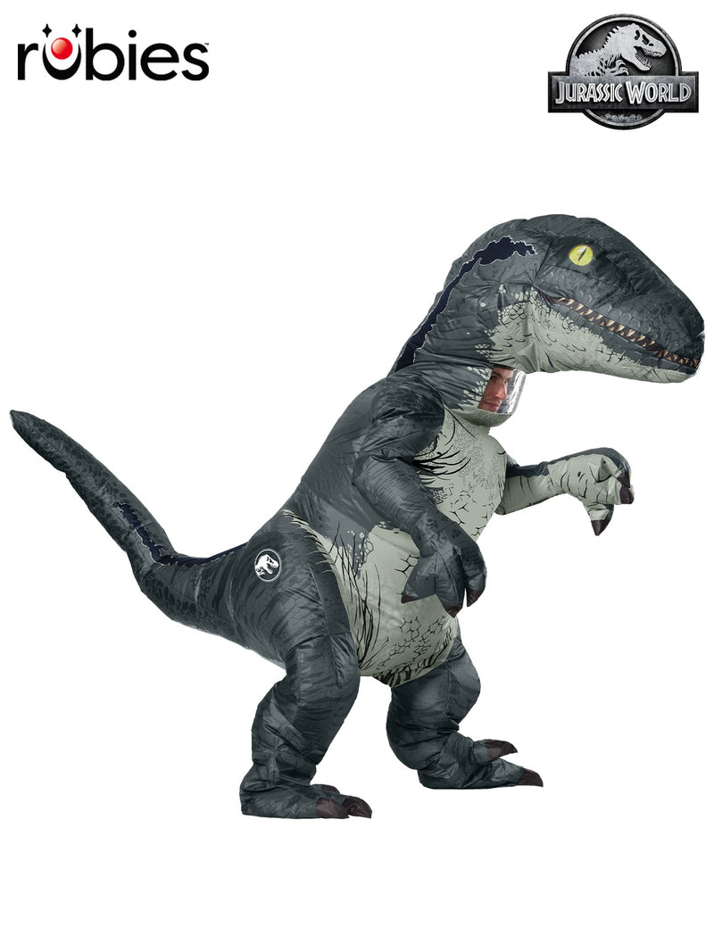 Adult Velociraptor Blue inflatable costume with metallic blue stripe and clawed hands