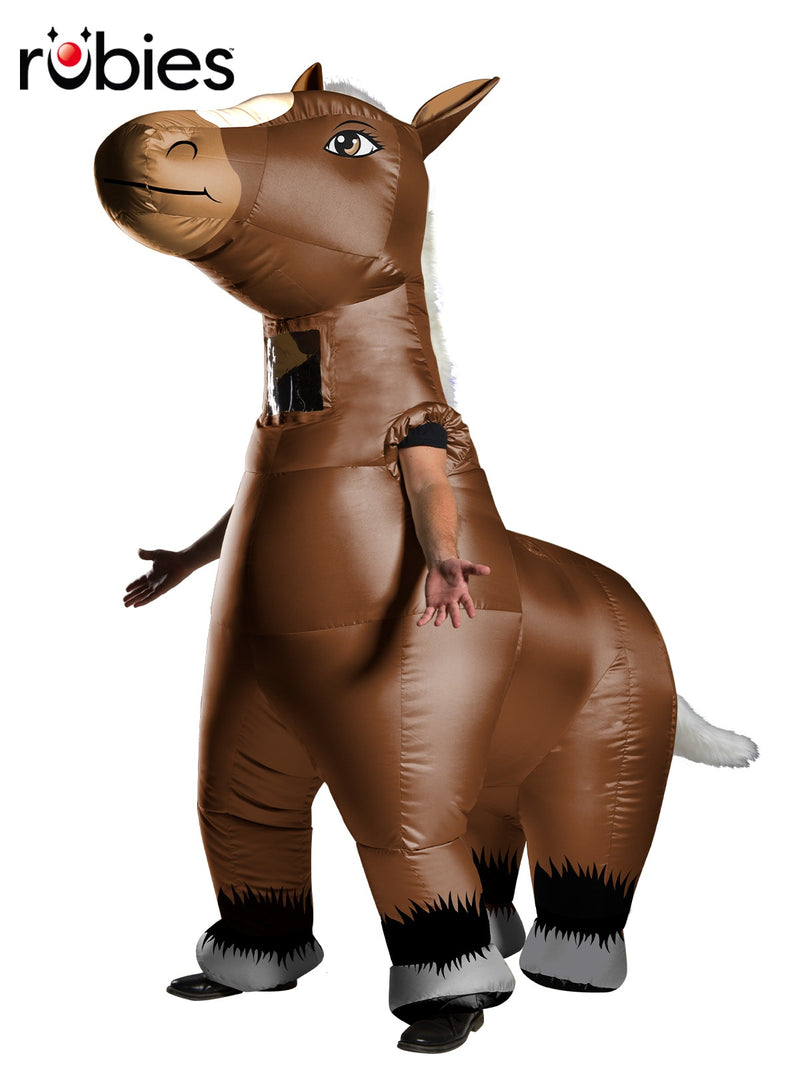 Adult inflatable horse costume full body front view with flowing white mane
