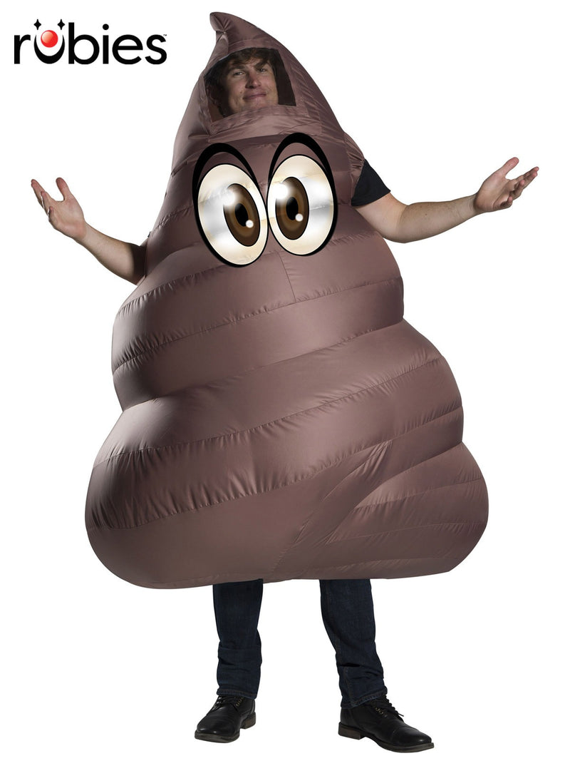 Adult wearing inflatable poop emoji costume with cartoon eyes and swirl top