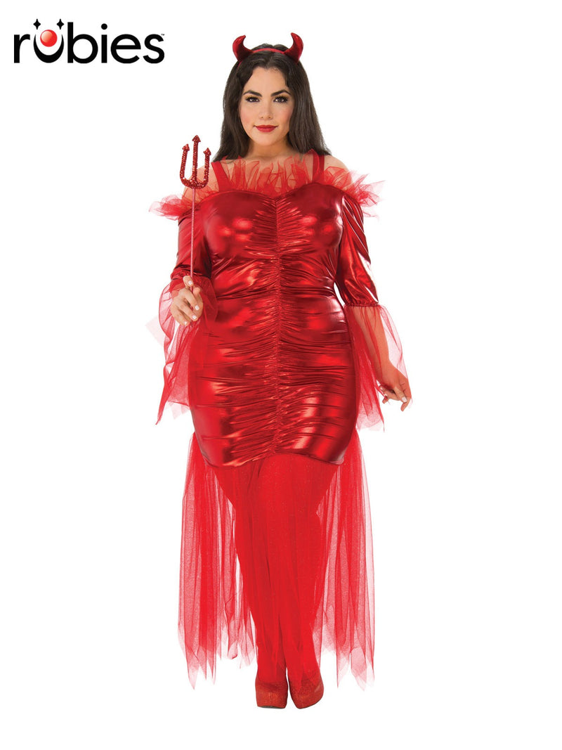 Womens plus size devil costume dress in metallic red with glitter tulle overskirt and horns headband