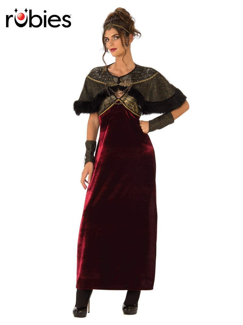 Womens medieval queen costume in burgundy velvet with metallic armor bodice and fur-trimmed capelet