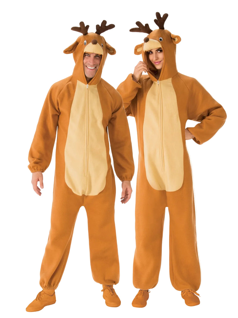 Adult wearing tan brown Christmas reindeer onesie with 3D antlers and cream belly panel, front view