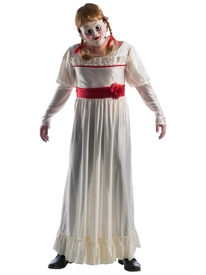 Adult Annabelle doll costume with cream Victorian dress, red sash, porcelain mask, and blonde braided wig