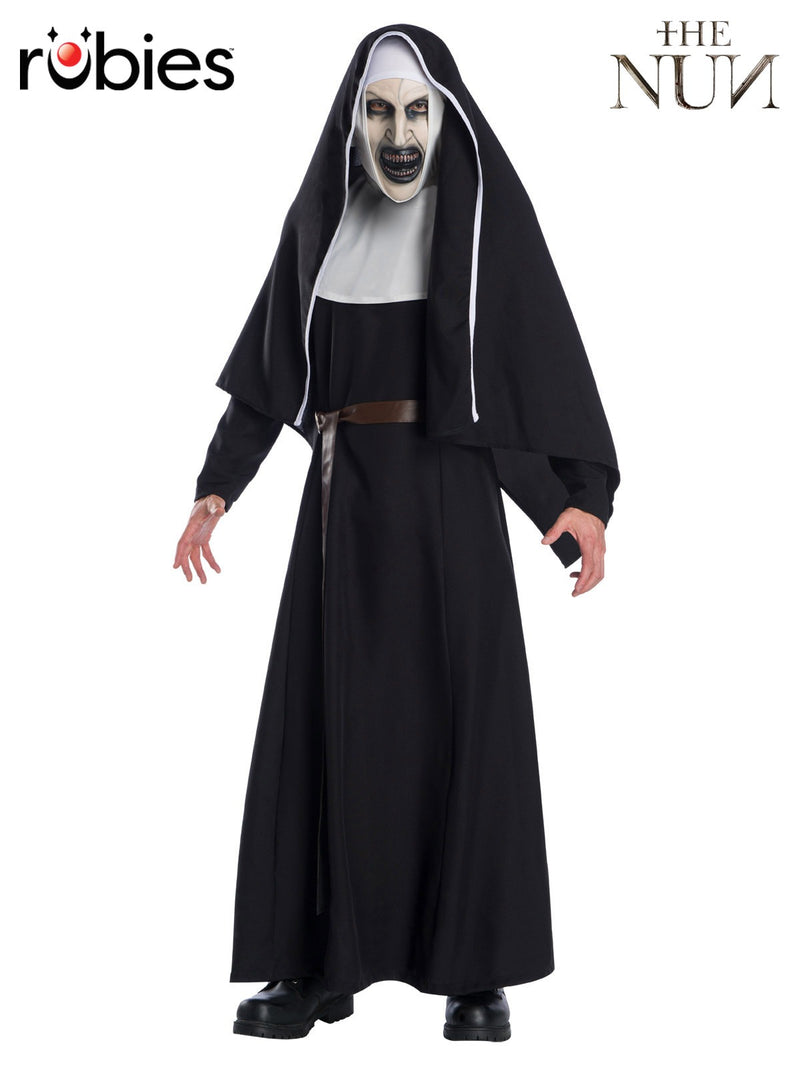 Adult The Nun costume with long black habit dress and white yoke collar