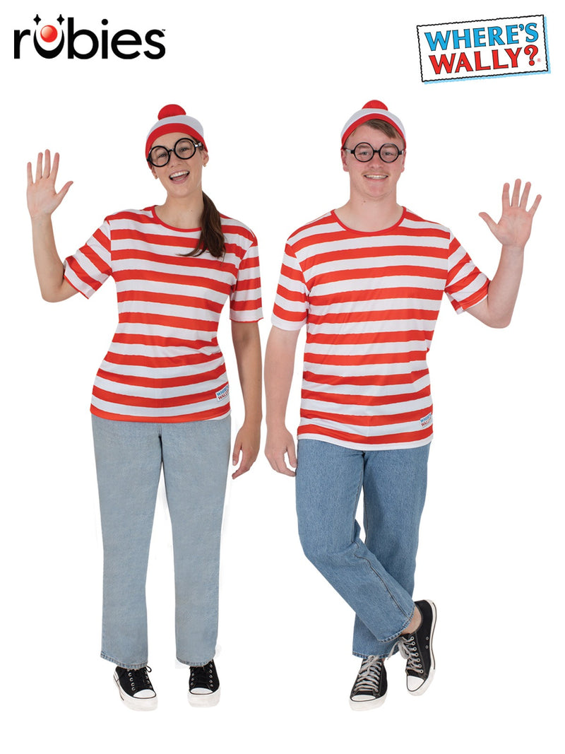 Adult Where's Wally costume set with red and white striped short-sleeve top, matching beanie with pom-pom, and round black frame glasses