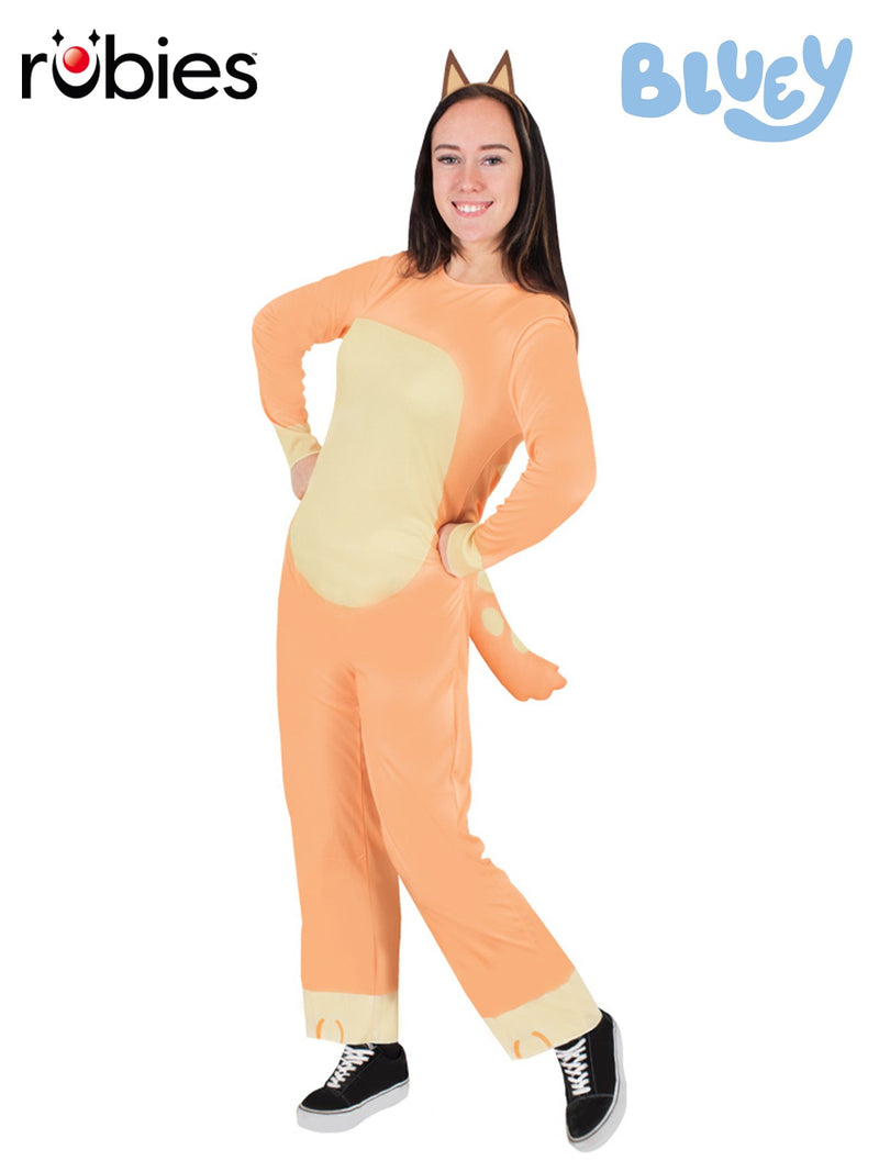 Womens Chilli Bluey costume full body jumpsuit with Red Heeler ears and tail