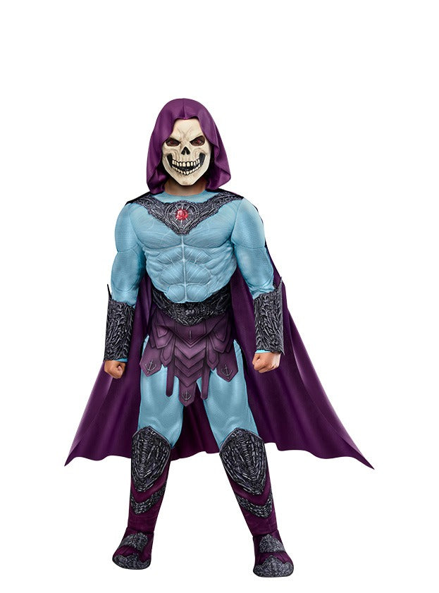 Child wearing Masters of the Universe Skeletor villain costume with purple cape