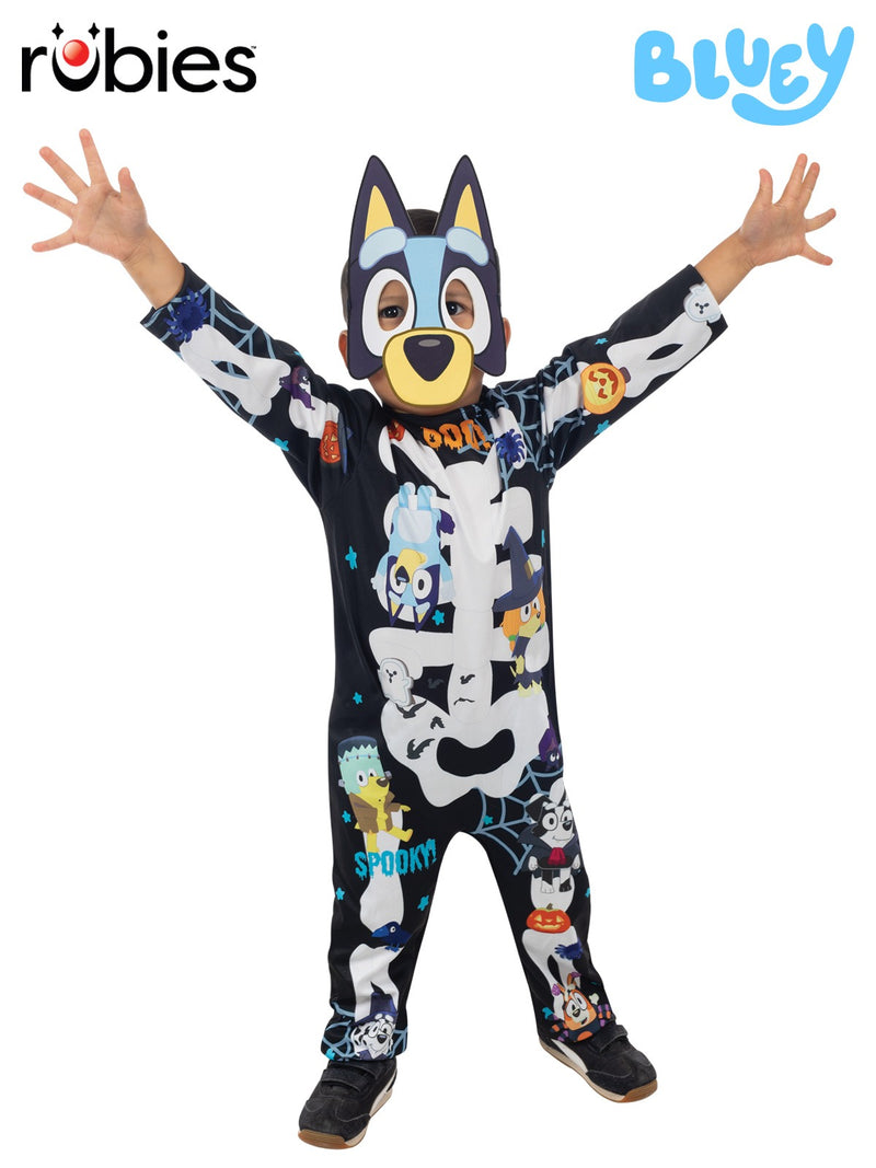 Kids Bluey Halloween costume with skeleton-print jumpsuit and soft foam mask