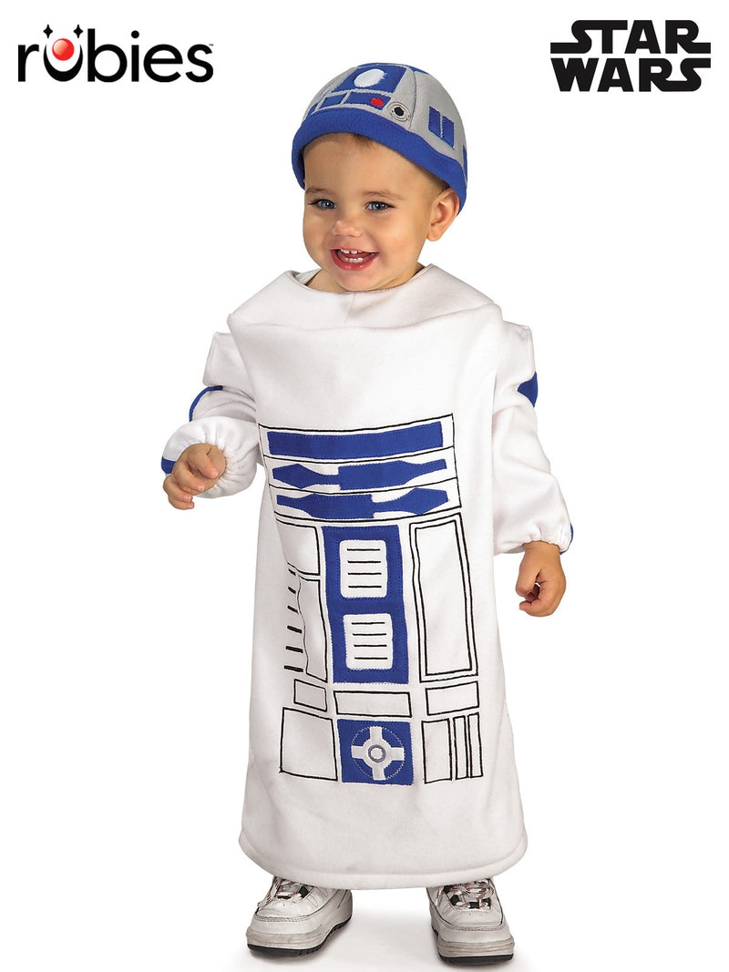 Toddler wearing R2-D2 Star Wars costume with printed control panel tunic and dome headpiece