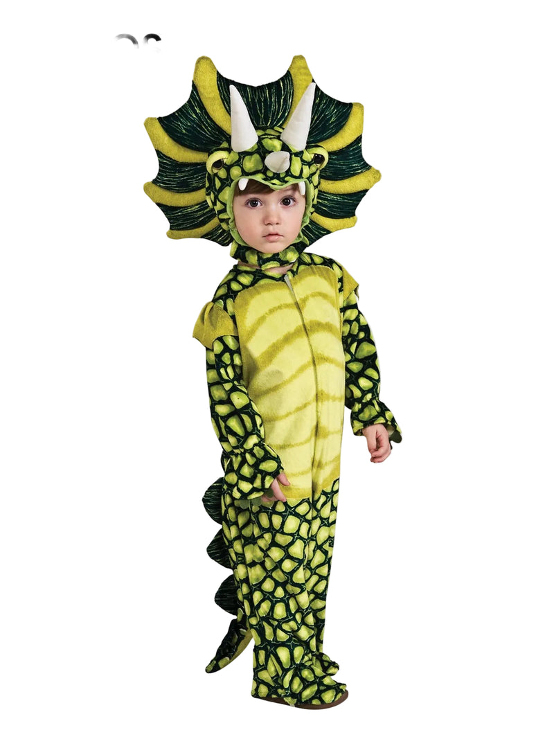 Child wearing bright yellow-green plush triceratops costume with 3D frill and three white horns