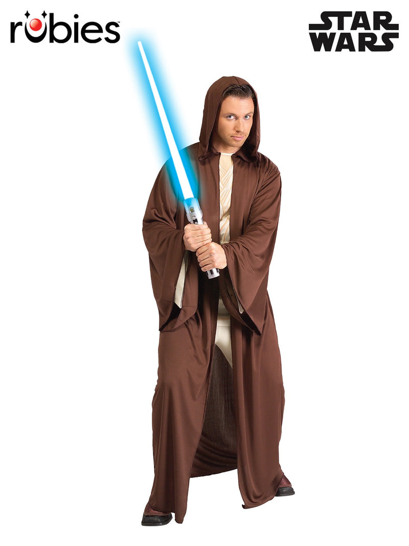 Adult wearing brown hooded Jedi Knight robe costume, full-length tunic-style design