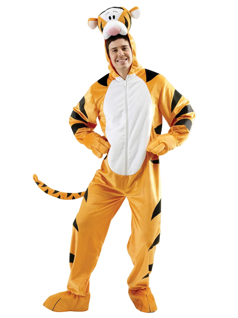 Adult Tigger costume full body plush jumpsuit with orange and black stripes
