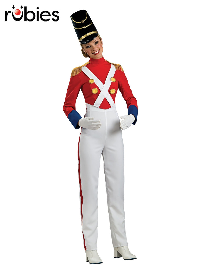 Womens red and white toy soldier costume with tall black hat and gold trim