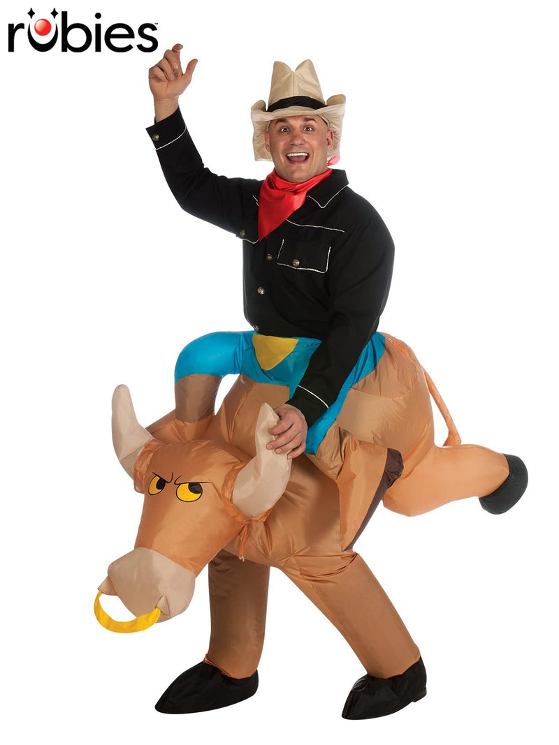 Adult inflatable rodeo bull costume front view - tan bull with false rider legs, cowboy hat, red neckerchief