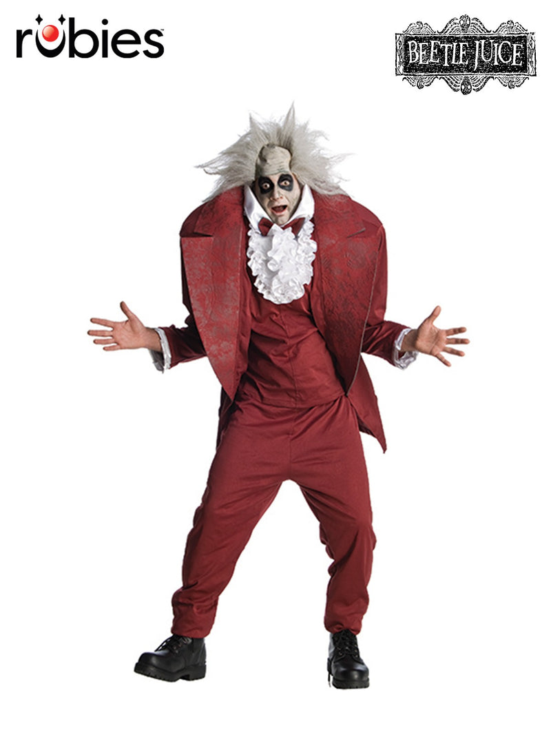Adult Beetlejuice Shrunken Head costume with burgundy suit and inflatable shoulders