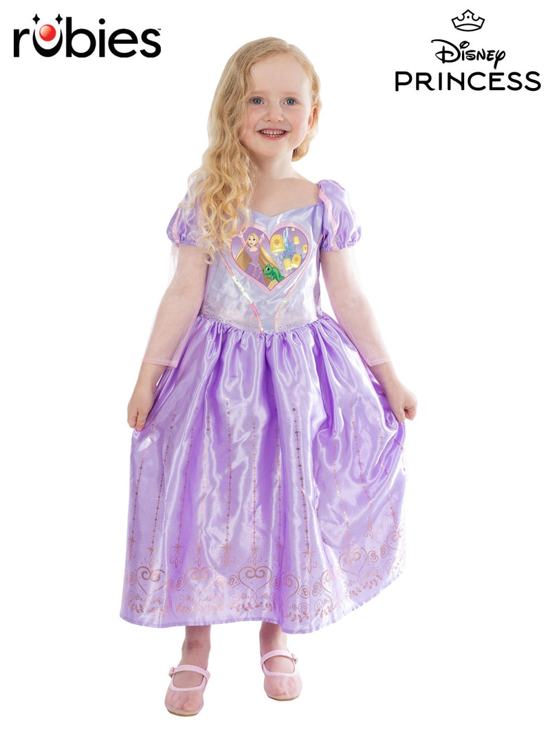 Kids Rapunzel costume dress with lavender satin bodice and heart-shaped character appliqué